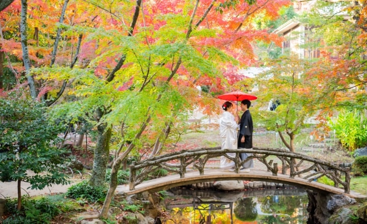 Yokiso｜和装姿のカップルが紅葉の下の橋の上で撮影をしているイメージ
